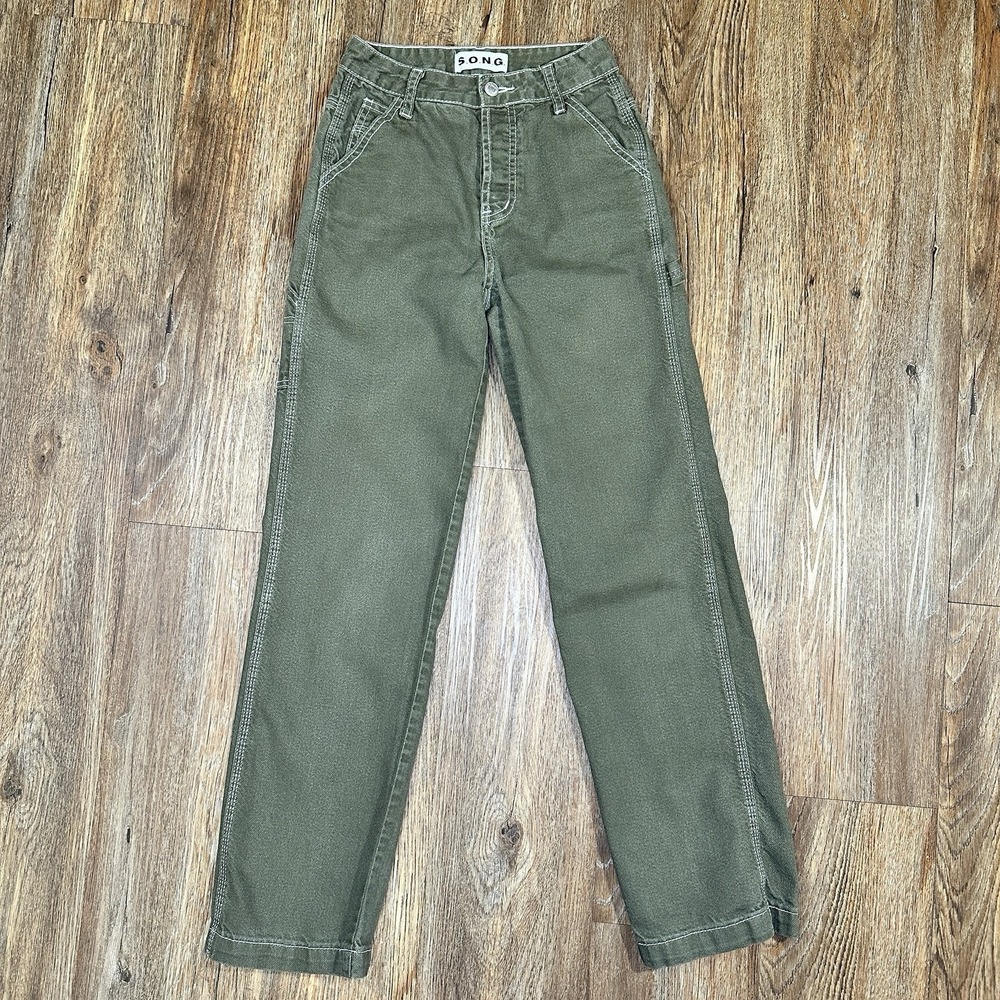 Y2K S.O.N.G. Carpenter Jeans Womens 00/23 Muted Olive Green Button Fly Utility